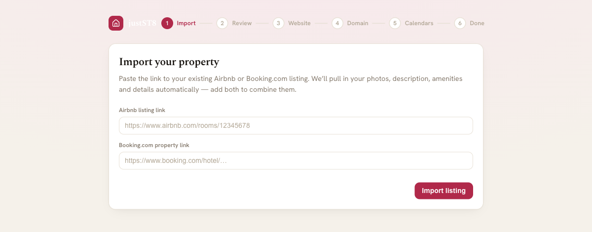 The justST8 import wizard with an Airbnb link field