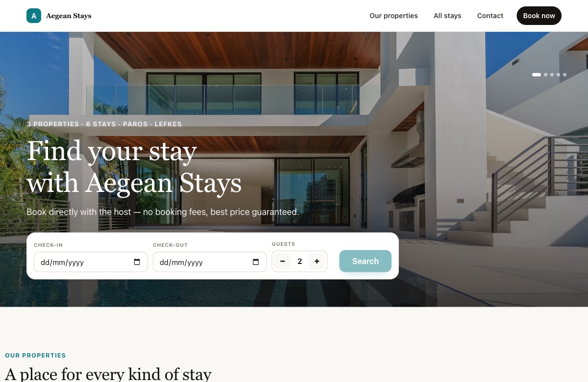 A generated guest website with availability search